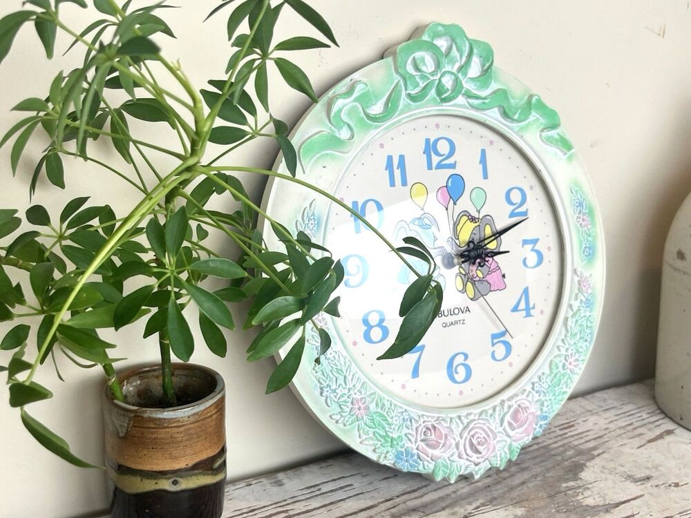 Vintage Bulova Quartz Child’s Wall Clock Baby Elephants Rare Taiwan 13” Childs N